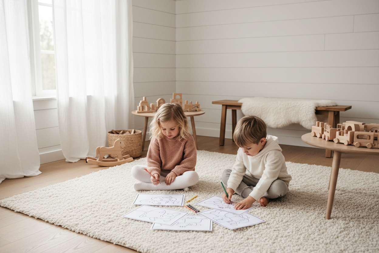 Two Kids Colouring on Rug